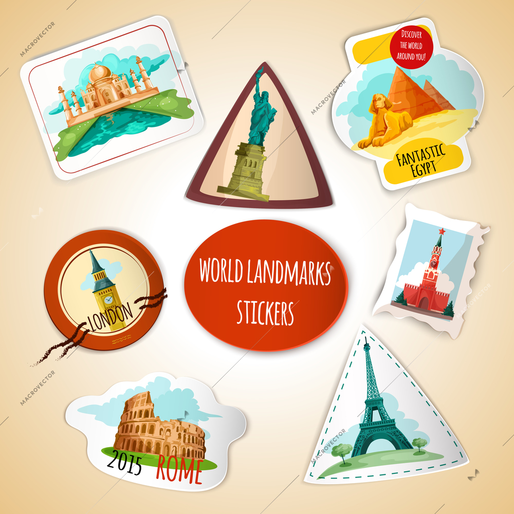 World landmarks paper stickers set with liberty statue pisa tower pyramids isolated vector illustration