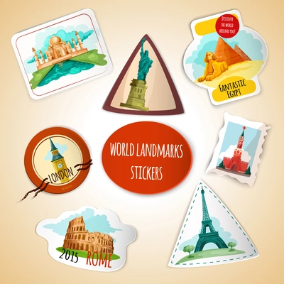 World landmarks paper stickers set with liberty statue pisa tower pyramids isolated vector illustration