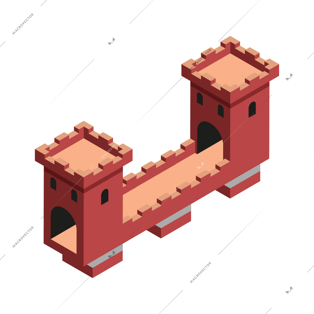 Isometric ancient pedestrian bridge with towers 3d vector illustration