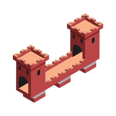 Isometric ancient pedestrian bridge with towers 3d vector illustration