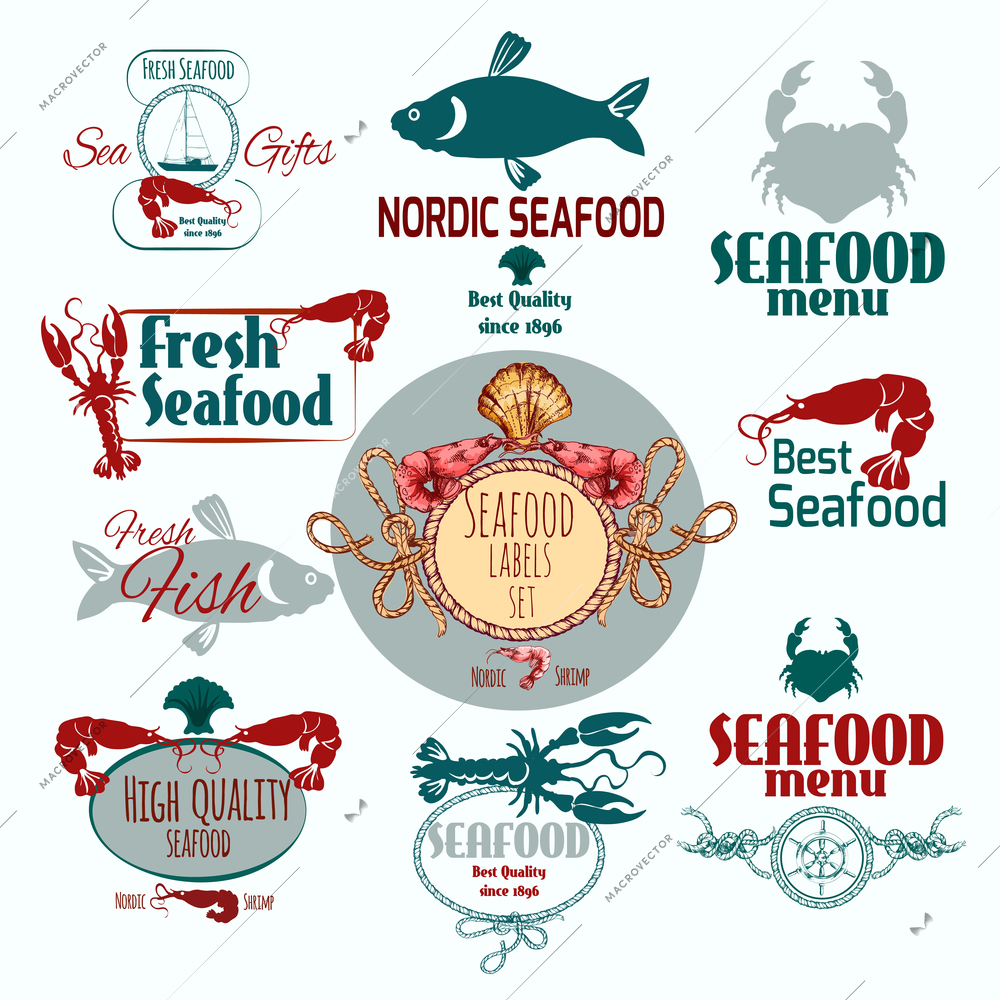 Seafood restaurant menu fresh fish crabs and prawns label set isolated vector illustration