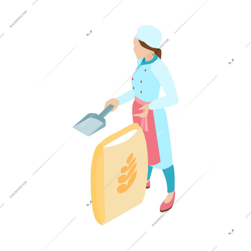 Isometric female baker with bag of flour and scoop 3d vector illustration