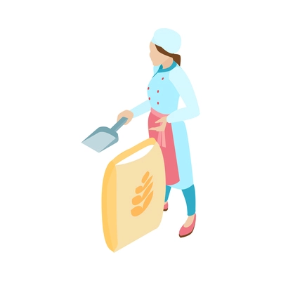 Isometric female baker with bag of flour and scoop 3d vector illustration