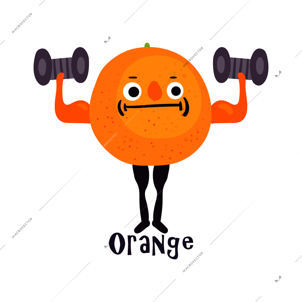 Cartoon funny orange character doing sport exercise with dumbbells vector illustration