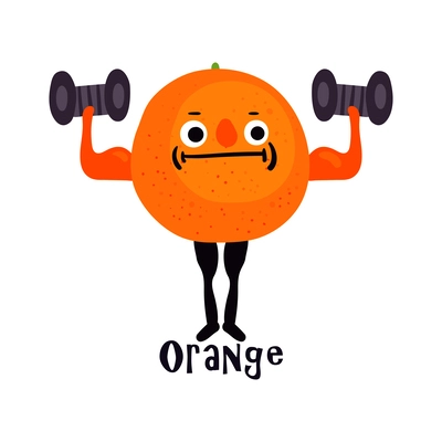 Cartoon funny orange character doing sport exercise with dumbbells vector illustration