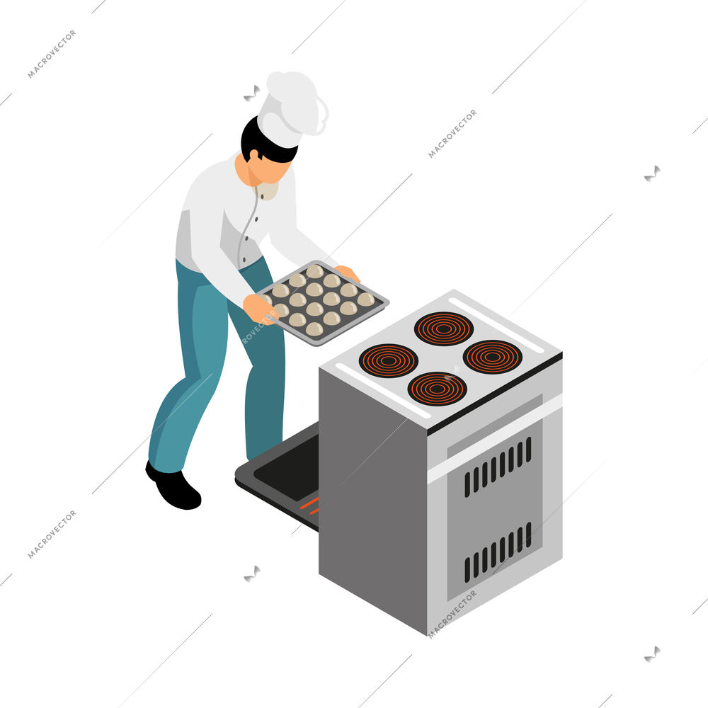 Isometric male chef putting baking tray with pastry into oven 3d vector illustration