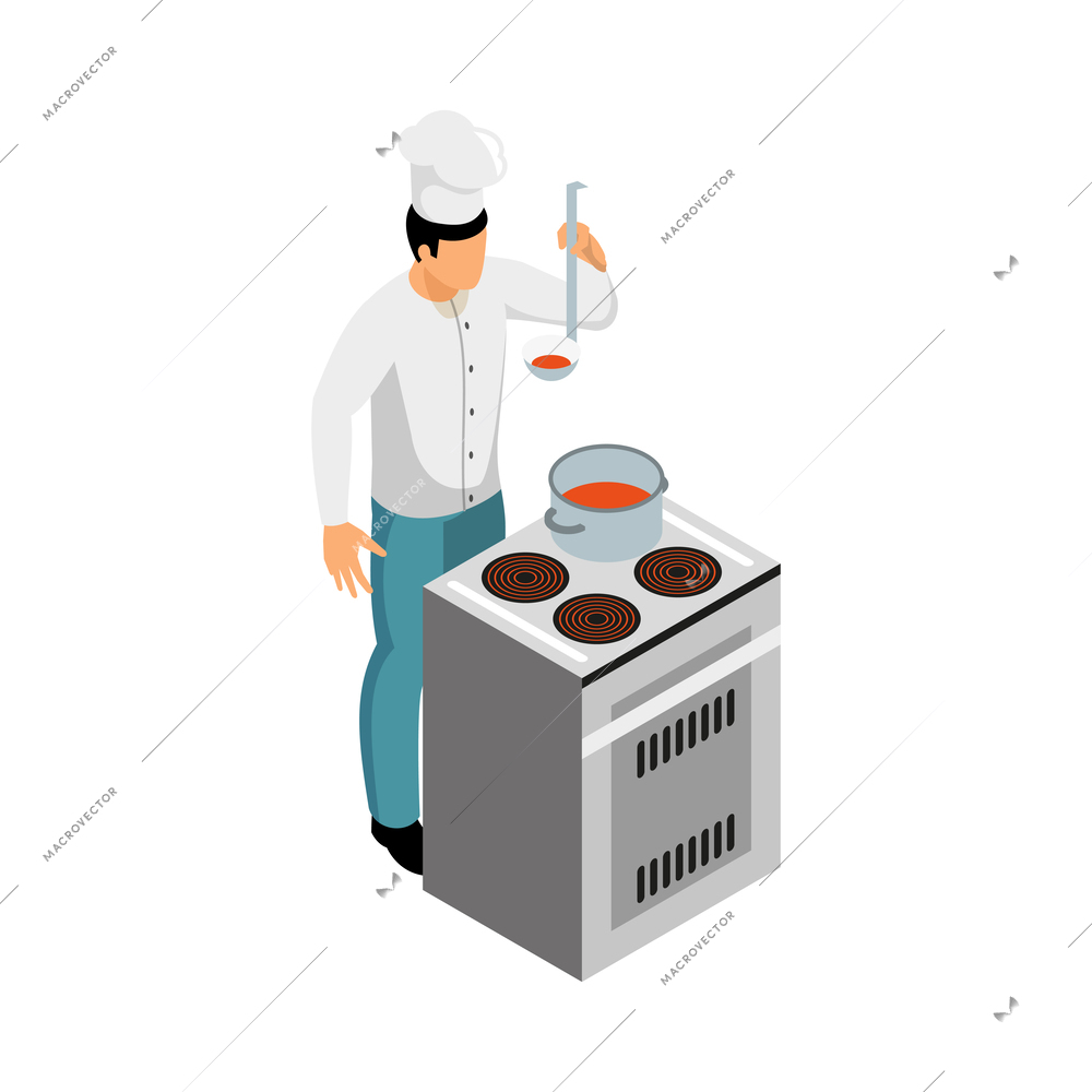 Isometric male chef cooking and tasting soup 3d vector illustration