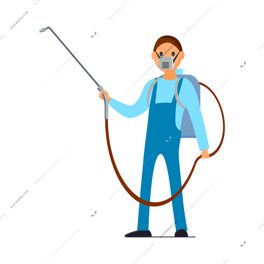 Pest control service worker with equipment for disinfection flat vector illustration