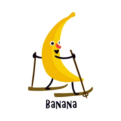 Funny cartoon banana character doing sport skiing vector illustration