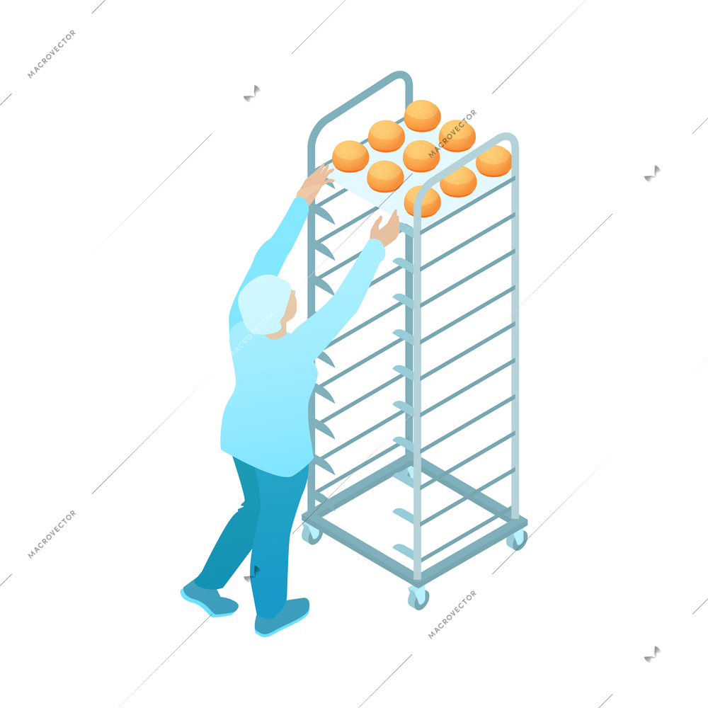 Isometric baker putting tray with fresh bread on trolley rack 3d vector illustration