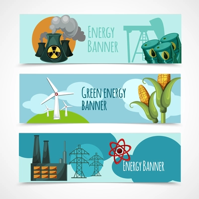 Energy horizontal banner set with oil nuclear green wind electricity power station elements isolated vector illustration