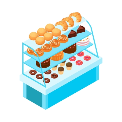 Isometric cafe or confectionery glass display with various desserts and pastry 3d vector illustration