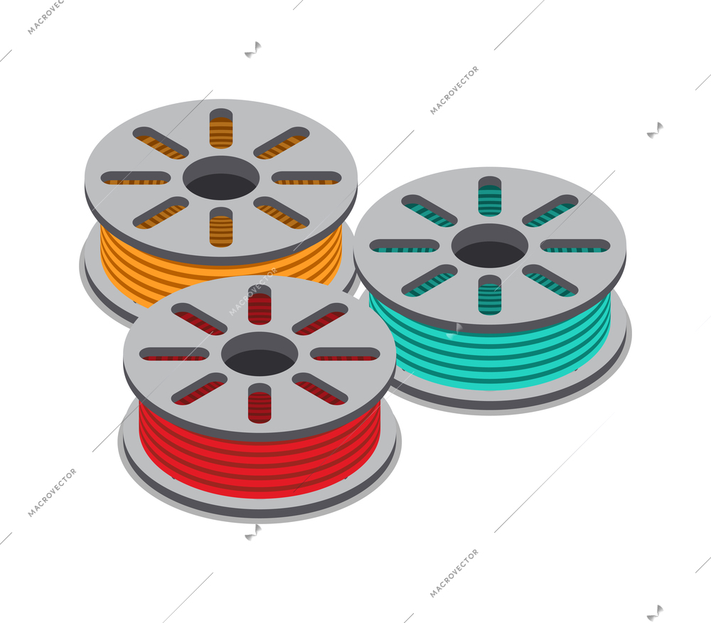 Colorful 3d printing filament spools isometric icon vector illustration