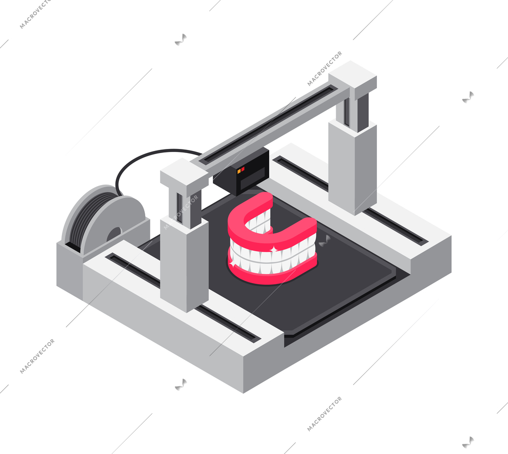 3D printer industry isometric icon with printing process of dental prosthesis vector illustration