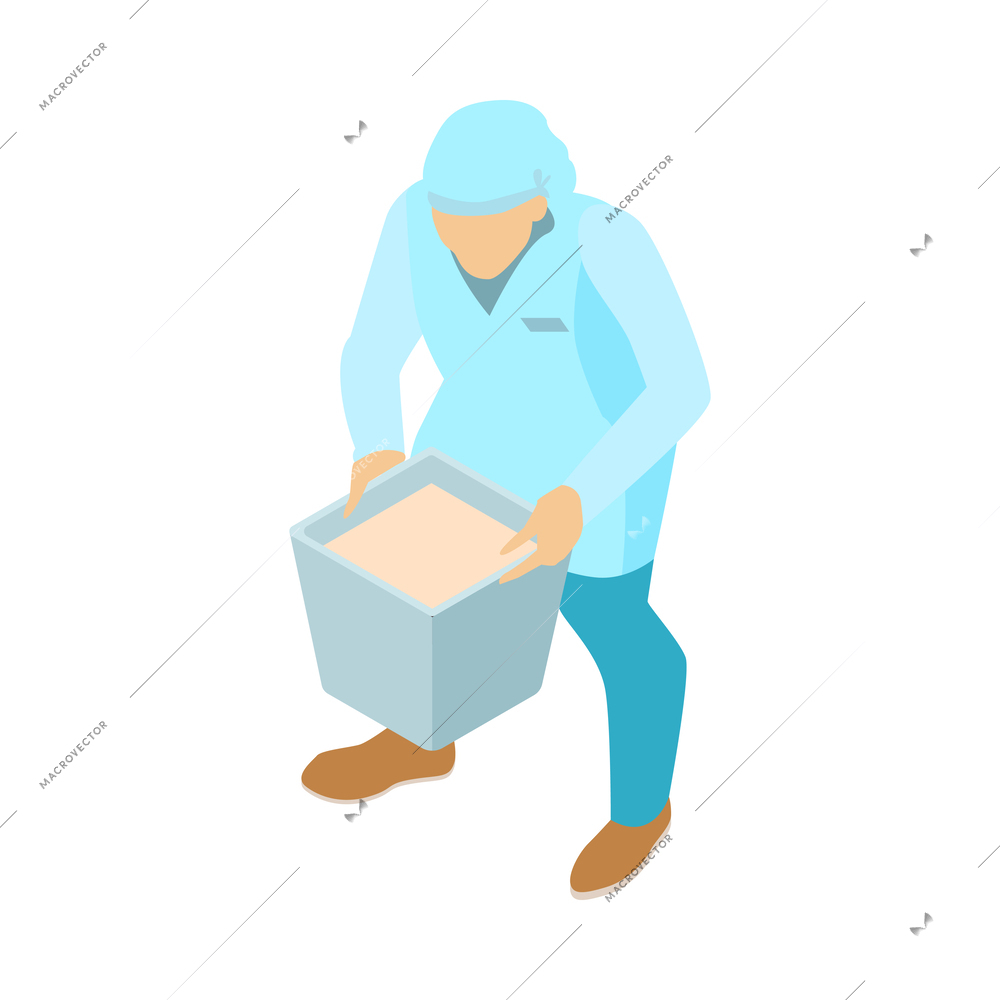 Male baker in uniform carrying container with dough 3d isometric vector illustration