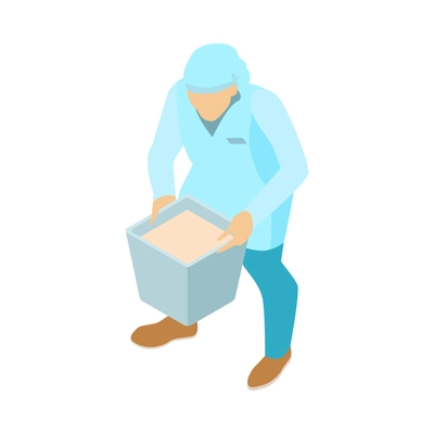 Male baker in uniform carrying container with dough 3d isometric vector illustration