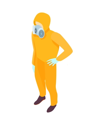 Isometric pest control specialist wearing yellow protective suit and respirator vector illustration