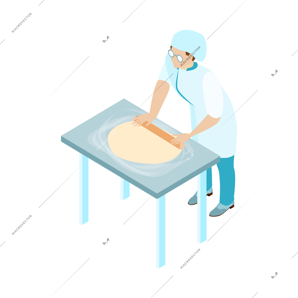 Isometric female baker in glasses rolling out pastry 3d vector illustration