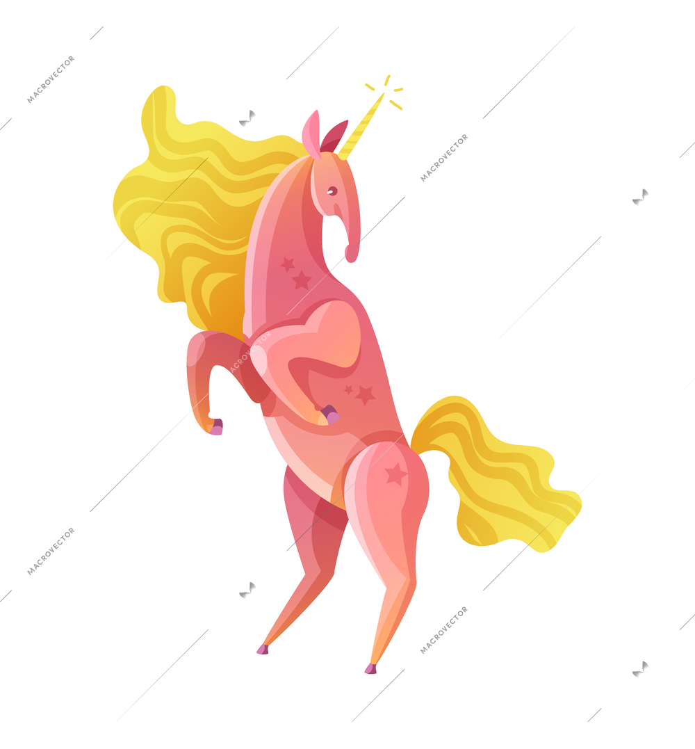 Magical colorful unicorn getting on hind legs cartoon vector illustration