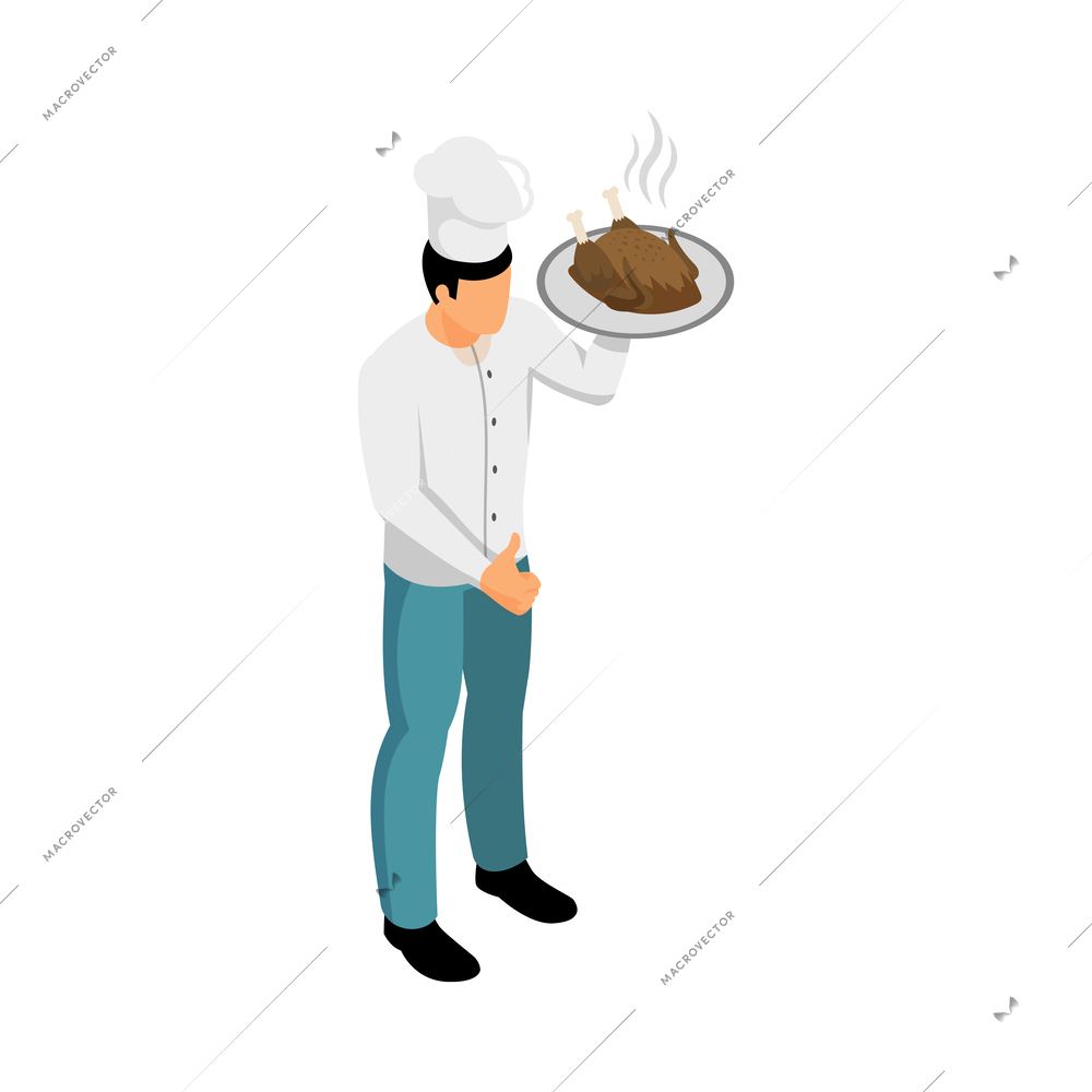 Male chef holding plate with hot turkey 3d isometric vector illustration