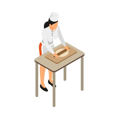 Isometric female chef or baker rolling out pastry 3d vector illustration