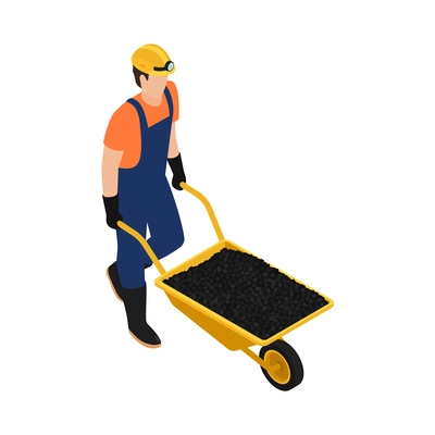 Miner carrying wheelbarrow with coal 3d isometric vector illustration