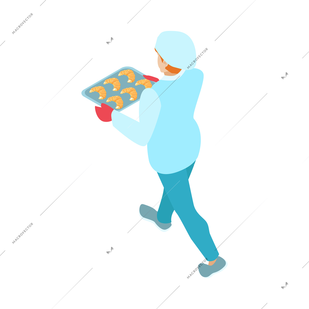 Isometric baker carrying tray with fresh croissants 3d vector illustration