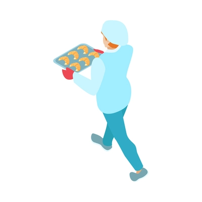 Isometric baker carrying tray with fresh croissants 3d vector illustration