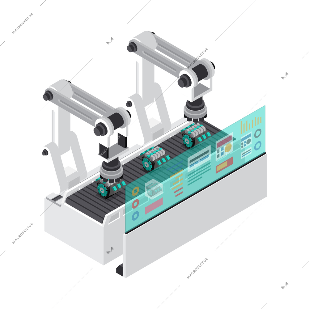 Smart production technology with industrial robots working on assembly line 3d isometric vector illustration