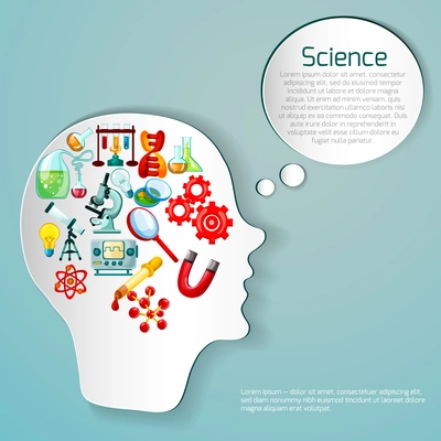 Science poster with human head and research creativity thinking symbols vector illustration