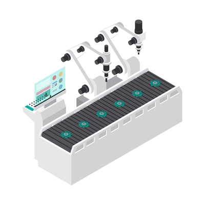 Isometric conveyor line with industrial robots technology 3d vector illustration