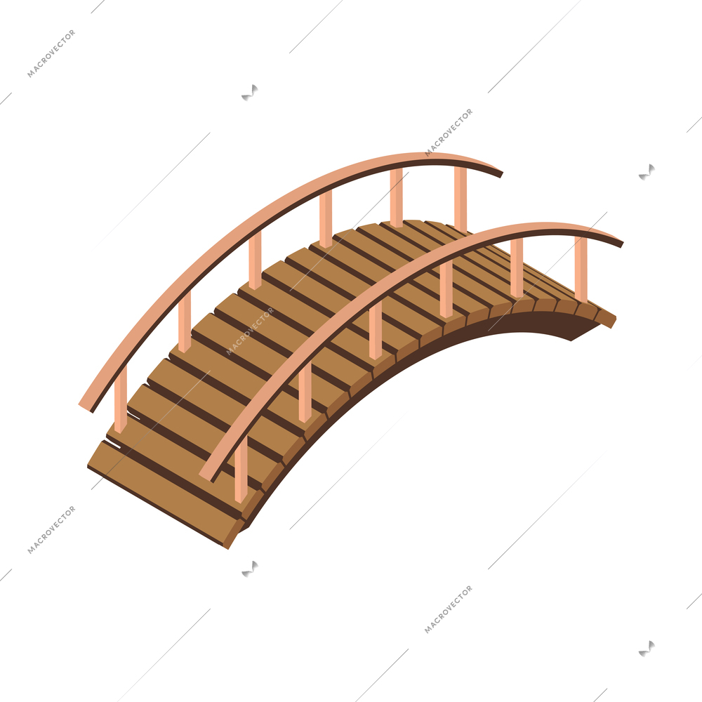 Isometric arched wooden bridge over river 3d vector illustration
