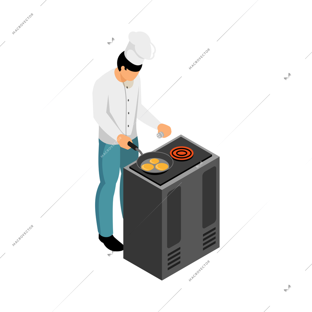 Isometric male chef cooking pancakes on cooker 3d vector illustration