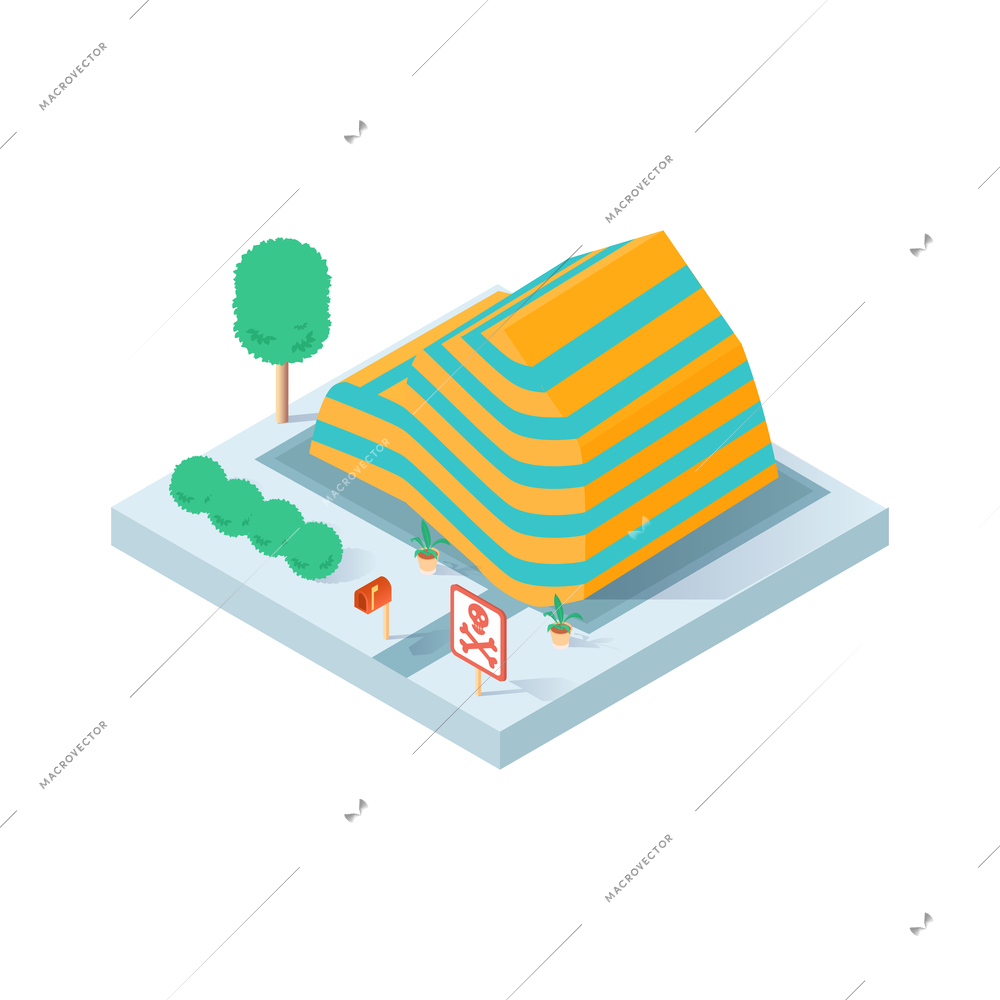 Isometric pest control service icon with residential house covered with striped tent after disinfection vector illustration