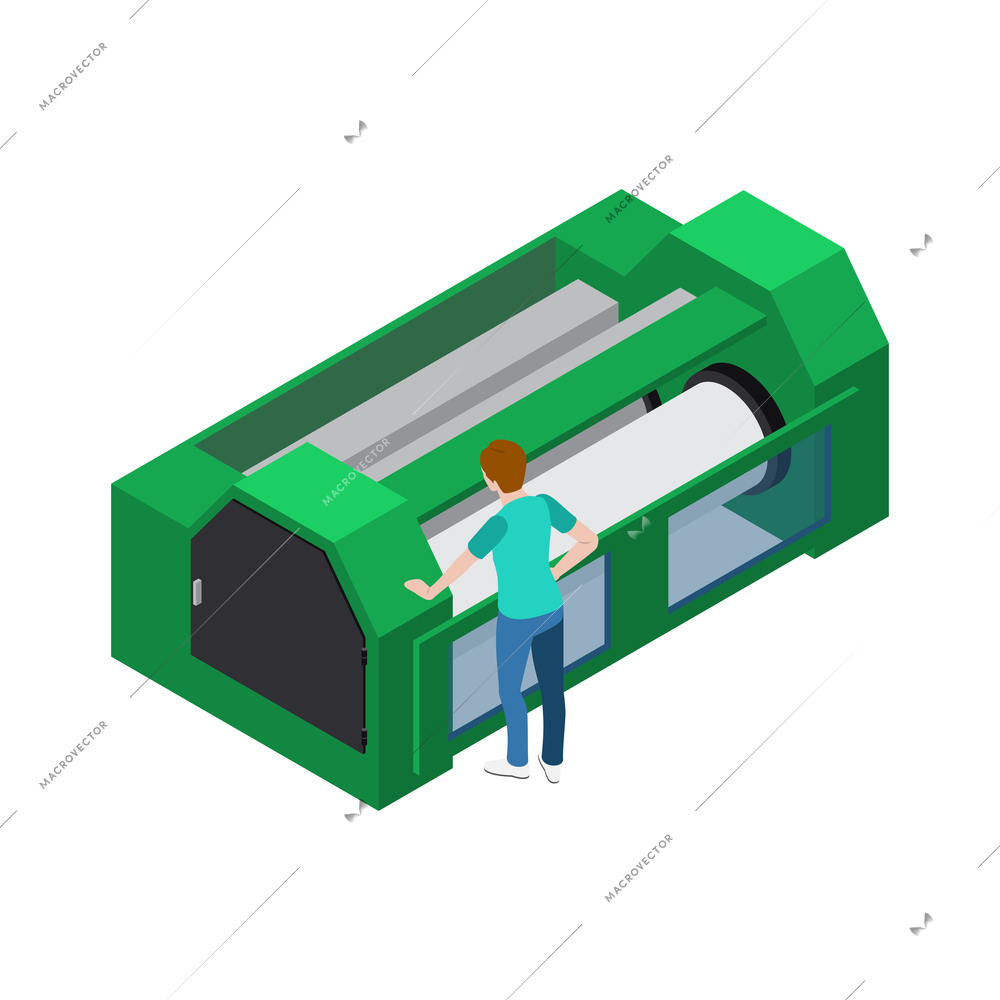 Isometric textile industry icon with factory equipment and worker 3d vector illustration