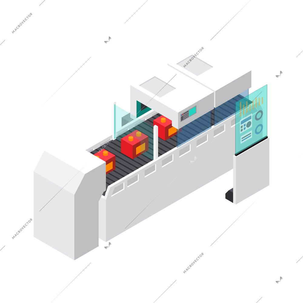 Industrial robots automation isometric icon with smart conveyor line 3d vector illustration