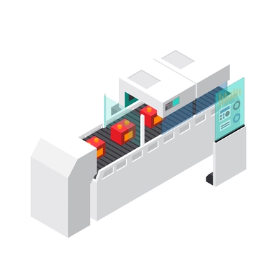 Industrial robots automation isometric icon with smart conveyor line 3d vector illustration