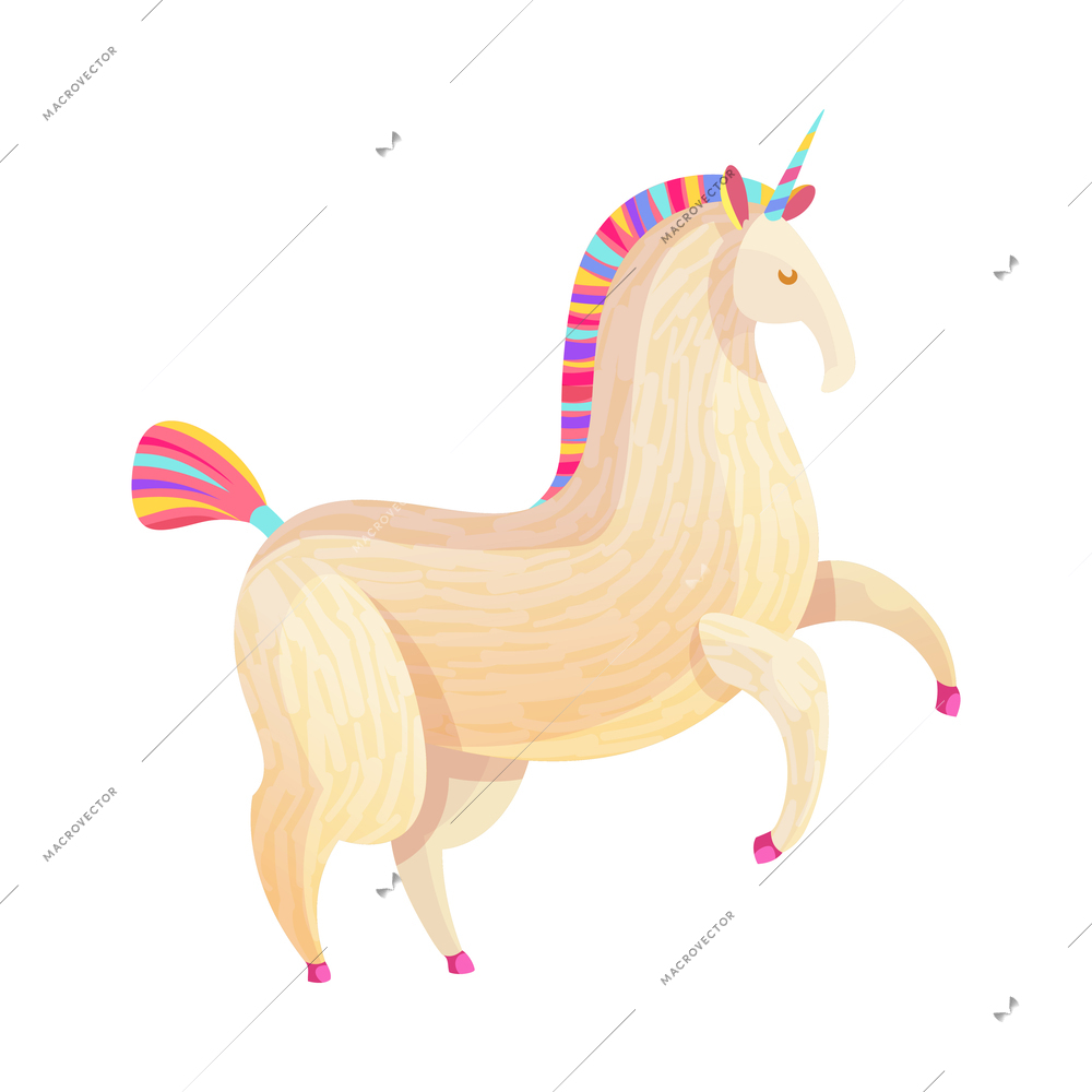 Cartoon magical unicorn with colorful tail mane horn and hooves vector illustration