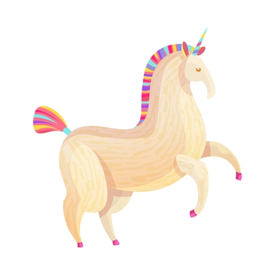 Cartoon magical unicorn with colorful tail mane horn and hooves vector illustration