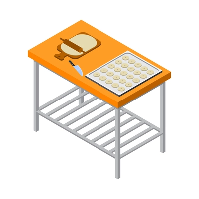 Bakery interior isometric icon with raw dough rolling pin knife and biscuits on baking pan on table 3d vector illustration