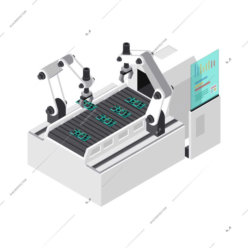 Industrial robots automation isometric icon with robotic arms working on assembly line 3d vector illustration