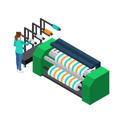 Isometric textile industry factory icon with equipment unit and female character 3d vector illustration