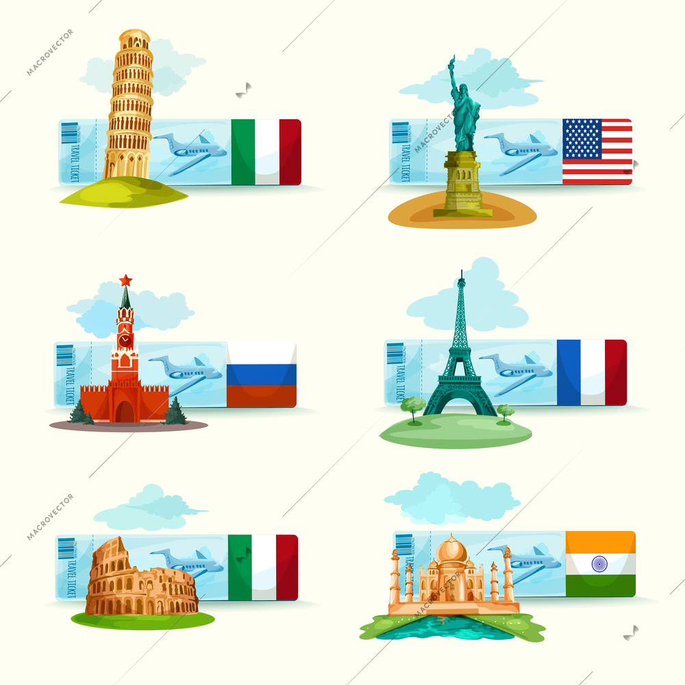 World landmarks airplane tickets set with famous tourism attractions isolated vector illustration