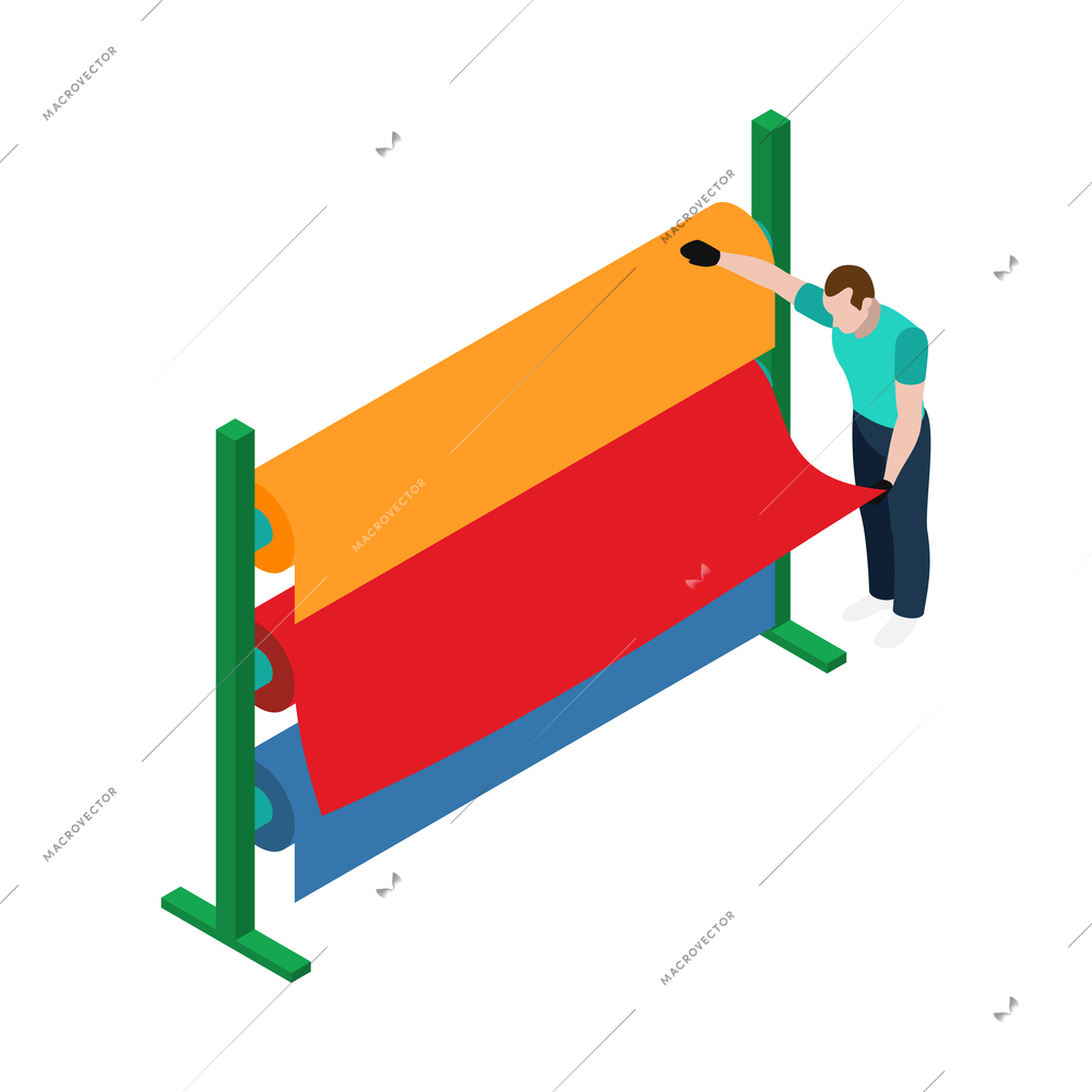 Isometric textile industry icon with factory equipment and worker 3d vector illustration