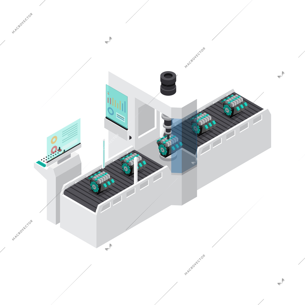 Industrial robots automation smart assembly line isometric icon 3d vector illustration