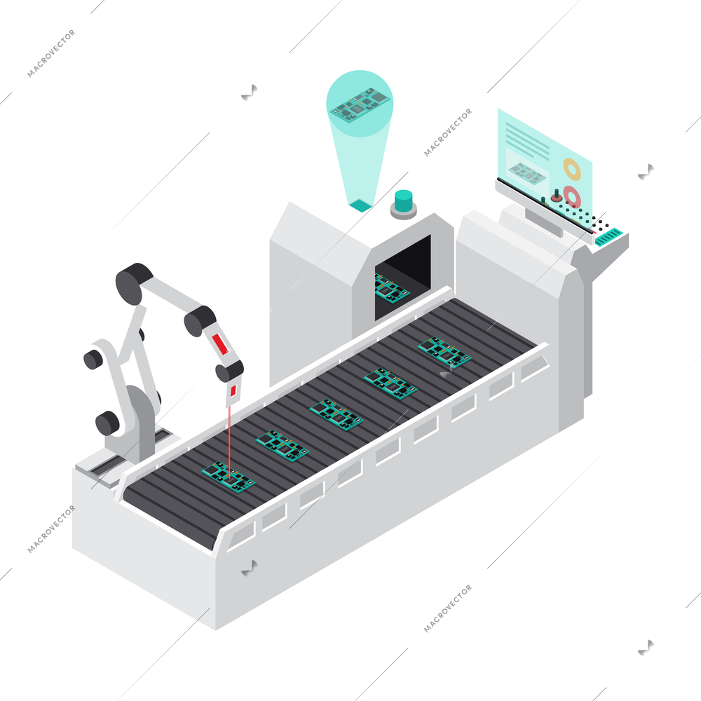 Industrial robot technology at assembly line 3d isometric vector illustration