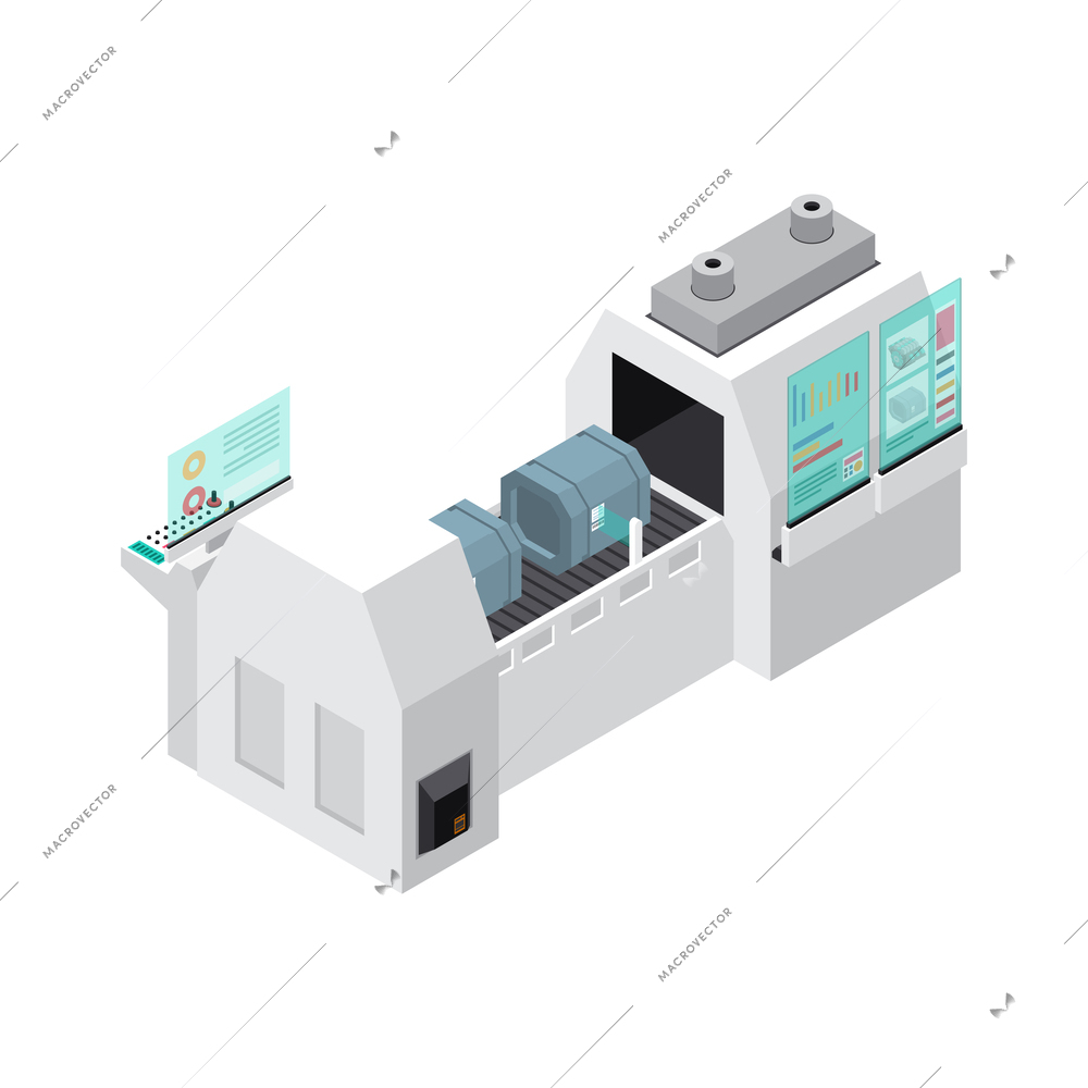 Industrial robot automated production assembly line 3d isometric vector illustration
