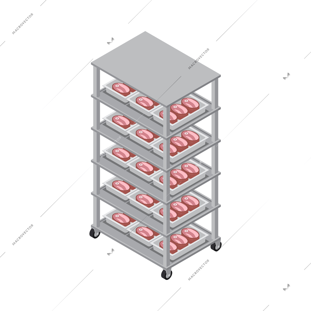 Butchery interior isometric icon with metal trays with meat products on wheeled rack 3d vector illustration