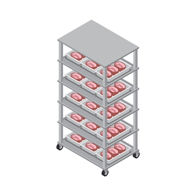 Butchery interior isometric icon with metal trays with meat products on wheeled rack 3d vector illustration