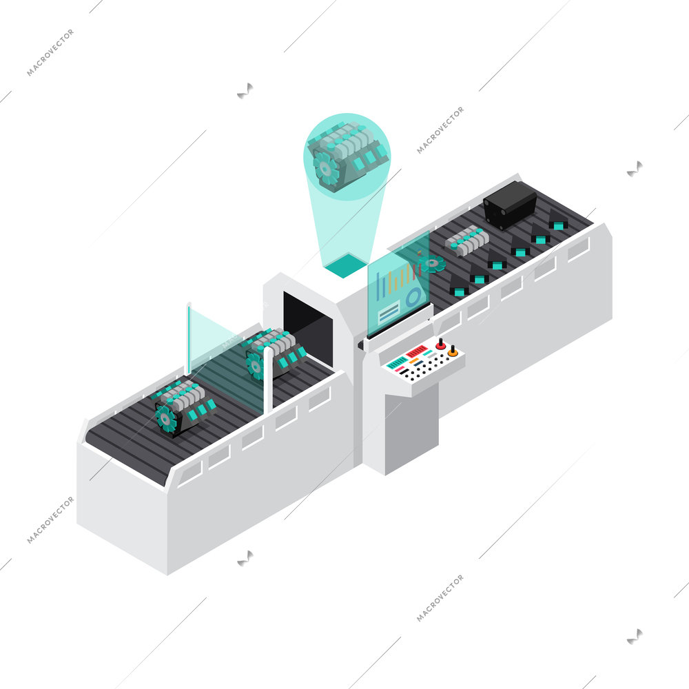 Industrial robots automation isometric icon with products on smart automated assembly line 3d vector illustration